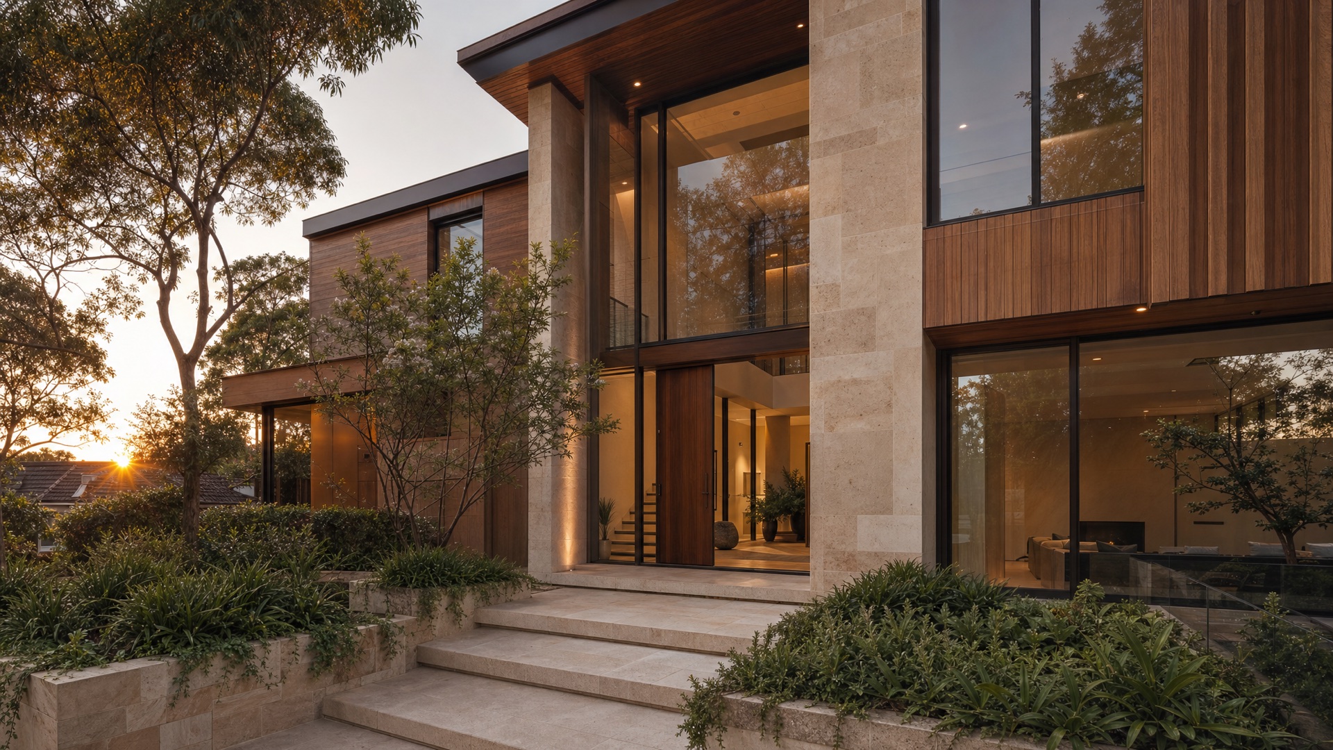 Contemporary new home at golden hour — illustrative concept