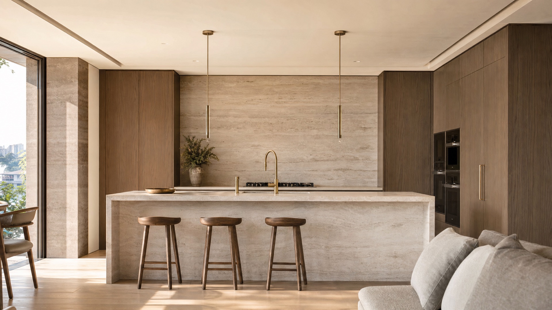 Open-plan kitchen with a stone island and brushed-brass tapware