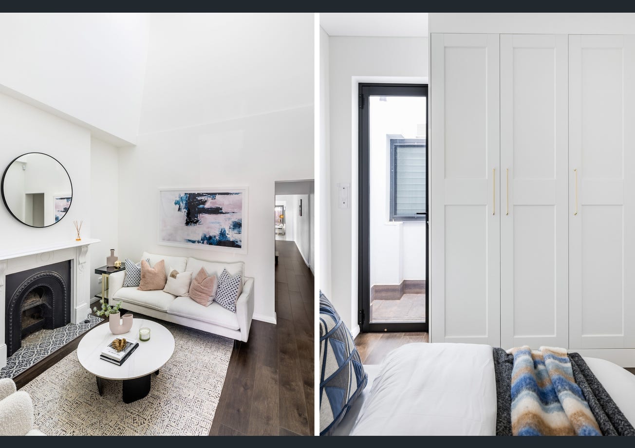 The retained original fireplace and mantel in the front living room, alongside a bedroom with a glazed door to a small paved outdoor area