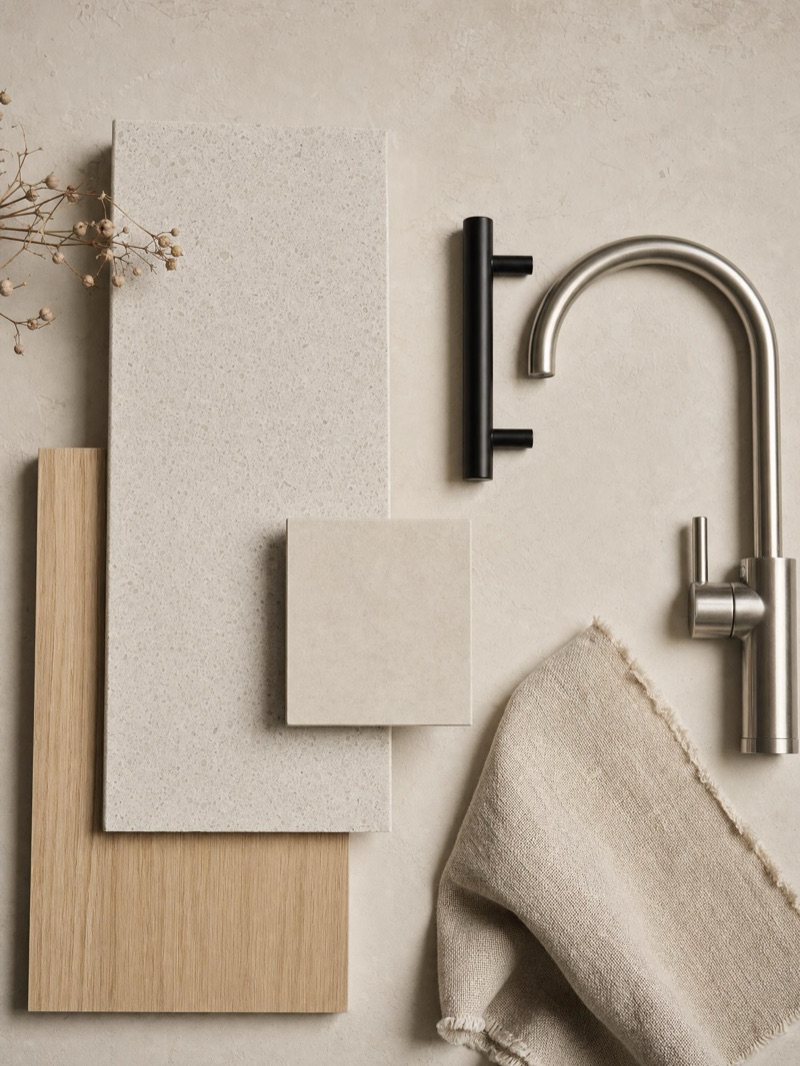 Secondary-dwelling material selections — pale stone, blonde oak and brushed hardware — illustrative concept