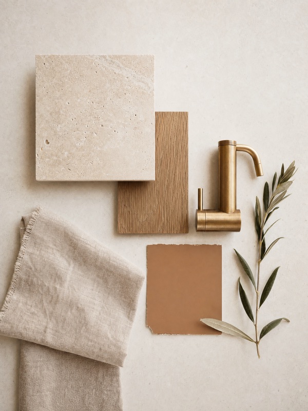 Material selections — honed travertine, aged oak veneer, brushed brass and oat linen