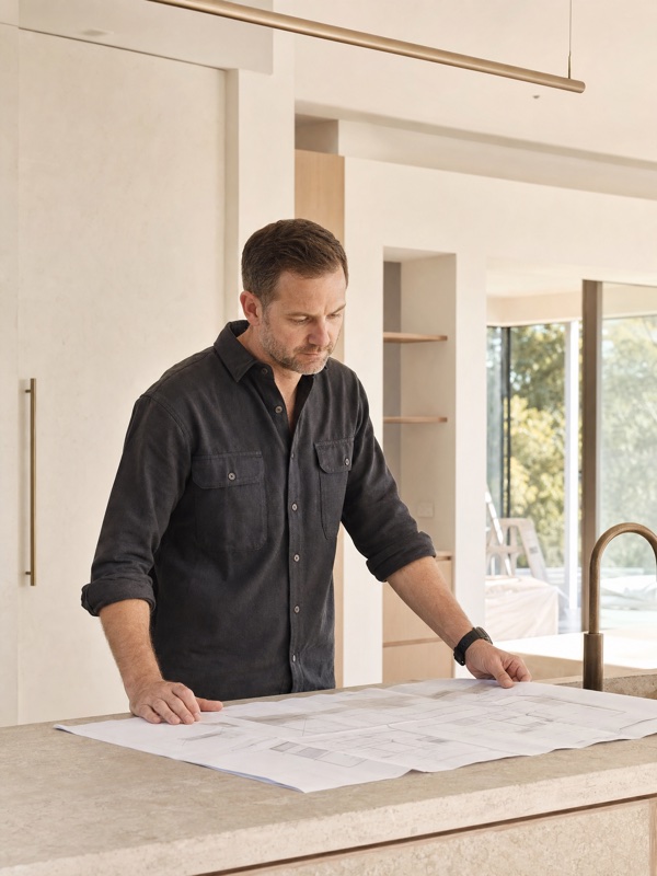 Panadium project manager reviewing plans on a near-finished renovation