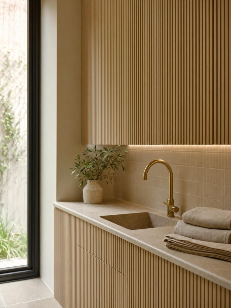 Bespoke laundry joinery — fluted timber cabinetry, a honed stone benchtop and brushed-brass tapware — illustrative concept