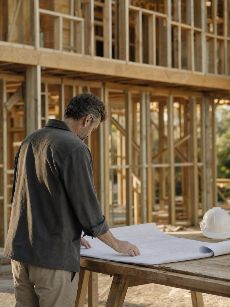 Project manager reviewing site set-up on a narrow, sloping North Shore street — illustrative concept